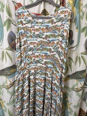 Scenic Print Sleeveless A-Line Dress - Multicolor